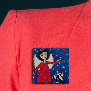 Badge Carré 5 Cm Sucre de canne Angel Chat Folk Art Noël