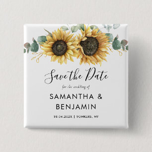 Badge Carré 5 Cm Sunflower Eucalyptus Script Wedding Enregistrer la