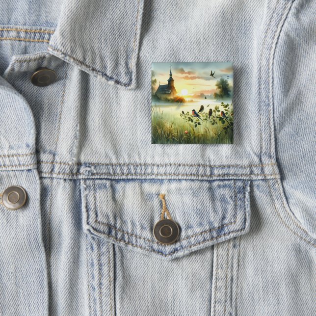 Badge Carré 5 Cm Sunrise Church with Birds in Misty Meadow No Verse (En situation)