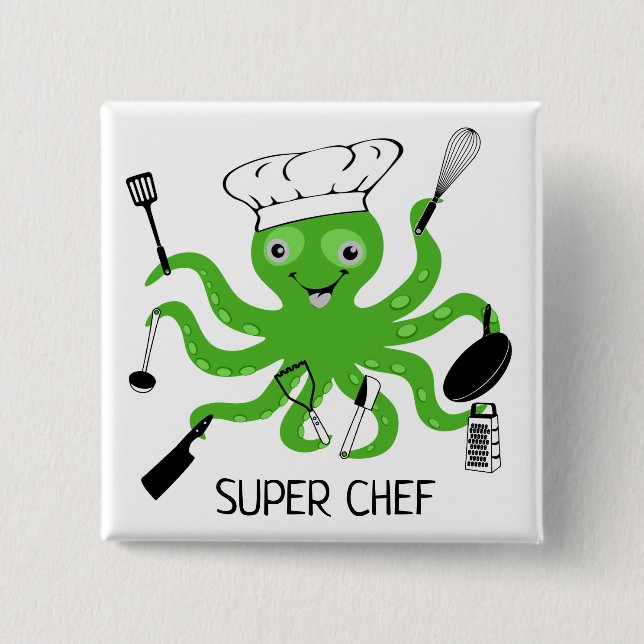 Badge Carré 5 Cm Super Chef Green Octopus Personnaliser (Devant)