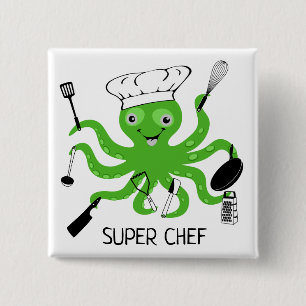 Badge Carré 5 Cm Super Chef Green Octopus Personnaliser