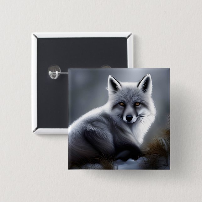 Badge Carré 5 Cm Superbe Renard Artique (Devant & derrière)