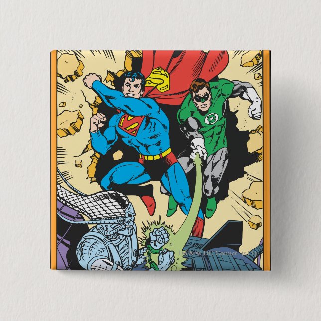 Badge Carré 5 Cm Superman et Green Lantern Combat Brainiac (Devant)