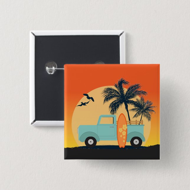 Badge Carré 5 Cm Surf Retro (Devant & derrière)