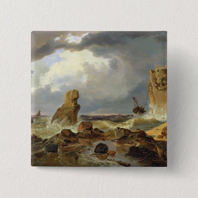 Badge Carré 5 Cm Surf sur une côte rocheuse, 1835 (Devant)