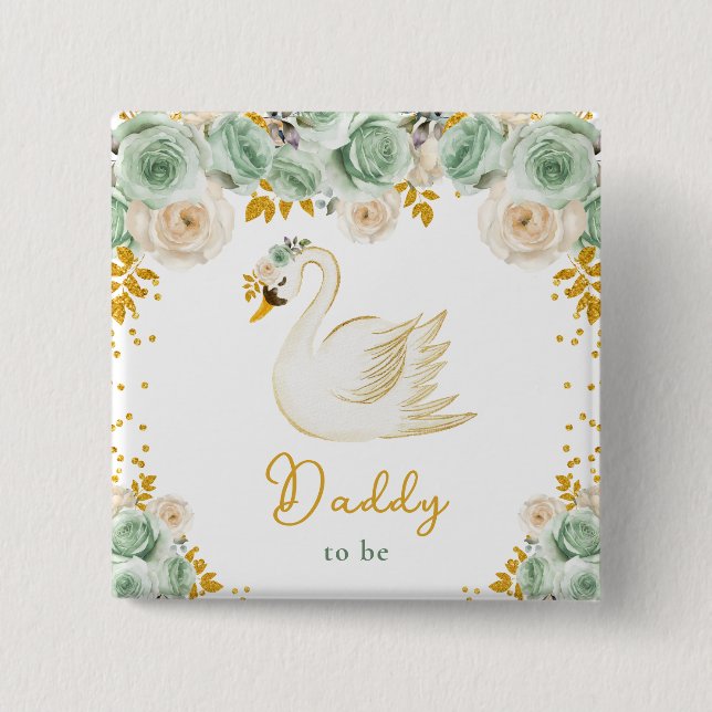 Badge Carré 5 Cm Swan Sage Green et Gold Roses papa à être (Devant)