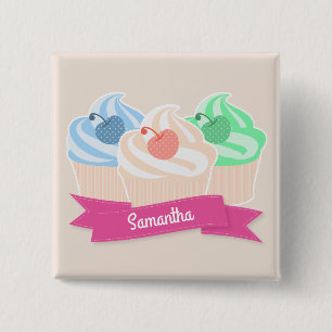 Badge Carré 5 Cm Sweet Cupcake Trio Personnalisé rose
