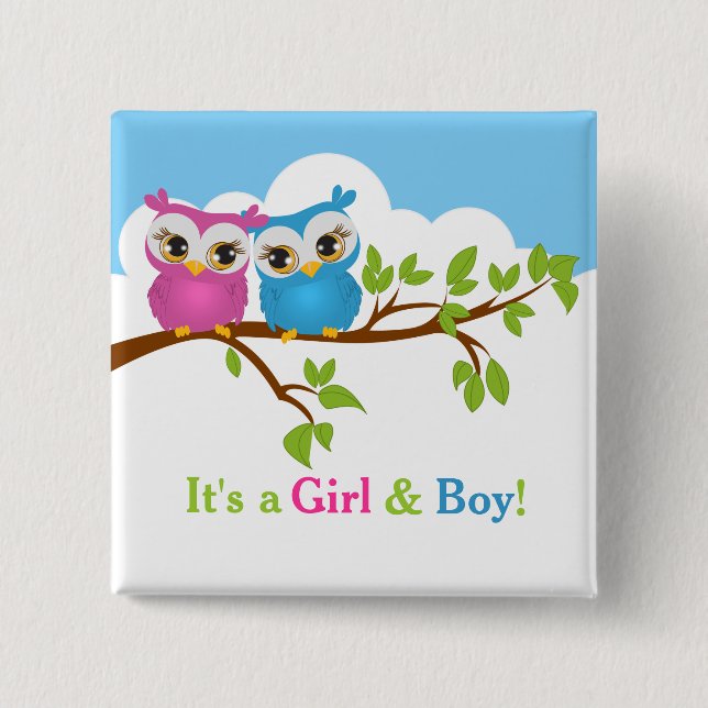 Badge Carré 5 Cm Sweet Twins Owls Boy Girl Baby Button (Devant)