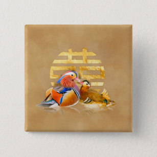 Badge Carré 5 Cm Symbole canard mandarin et double bonheur