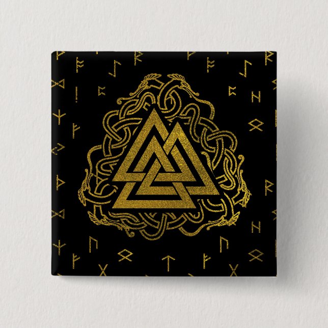 Badge Carré 5 Cm Symbole de Valknut d'or sur le motif de runes (Devant)