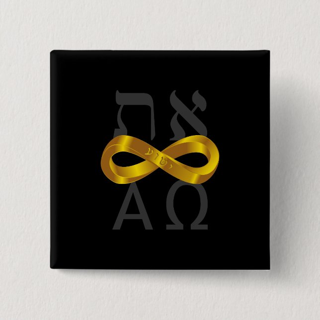 Badge Carré 5 Cm Symbole d'infini d'or. Aleph Tav - alpha et Omega (Devant)