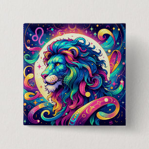 Badge Carré 5 Cm Symbole Horoscope Leo   Art Lion coloré