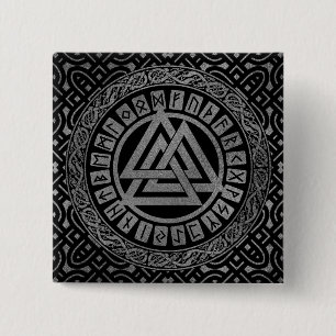Badge Carré 5 Cm Symbole métallique argenté de Valknut sur le motif