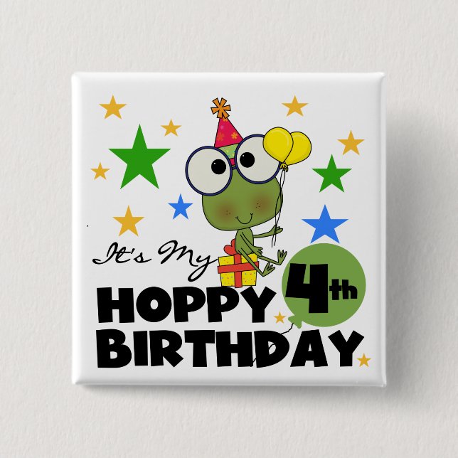 Badge Carré 5 Cm T-shirts et cadeaux 4th Birthday Frog Hoppy (Devant)