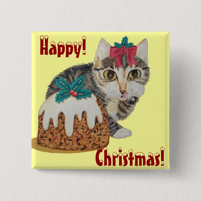Badge Carré 5 Cm tabby gris chaton mignon lécher patte noël (Devant)