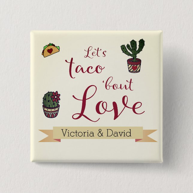 Badge Carré 5 Cm Taco 'À propos d'amour Fiesta Thème Couples Douche (Devant)