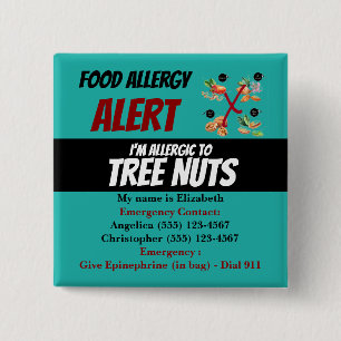 Badge Carré 5 Cm Teal Tree Nut Food Allergy Alert Warning