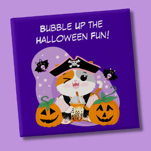 Badge Carré 5 Cm Thé à bulles avec un chat kawaii pirate Halloween