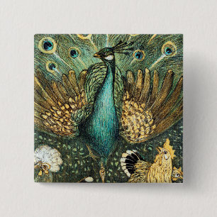 Badge Carré 5 Cm Theo Van Hoytema Vintage Peacock Open Wings Peafow