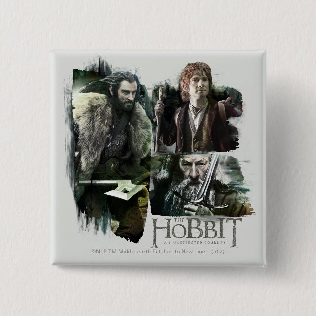 Badge Carré 5 Cm THORIN OAKENSHIELD™, BILBO BAGGINS™, & Gandalf Art (Devant)
