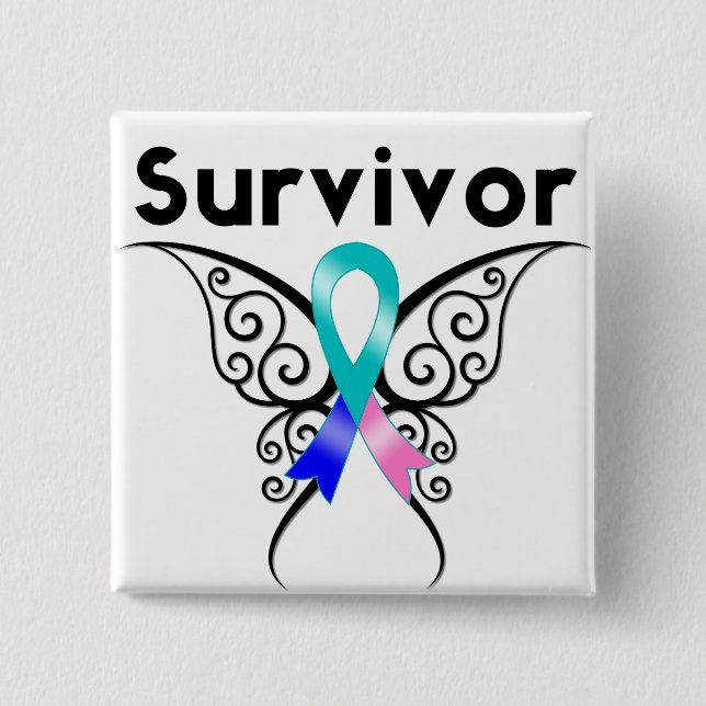 Badge Carré 5 Cm Thyroïde Cancer Survivant Papillon Tribal (Devant)
