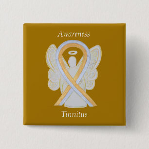 Badge Carré 5 Cm Tinnitus Gold/Silver Sensibilisation Ruban Angel P