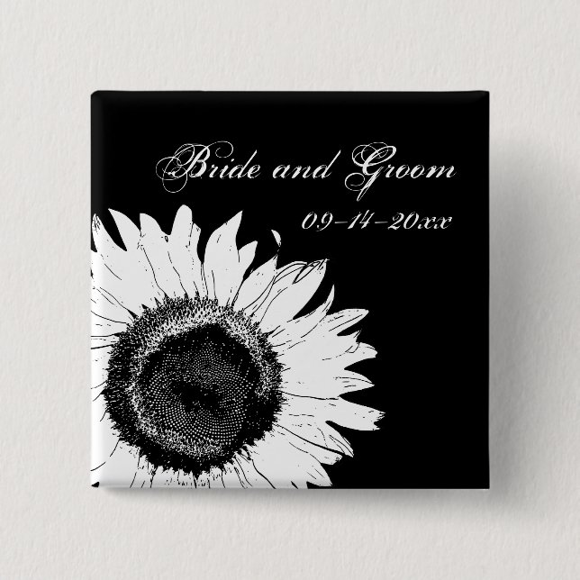Badge Carré 5 Cm Tournesol blanc sur Mariage noir (Devant)