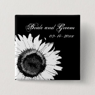 Badge Carré 5 Cm Tournesol blanc sur Mariage noir