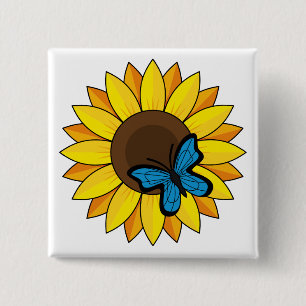 Badge Carré 5 Cm Tournesol et papillon bleu