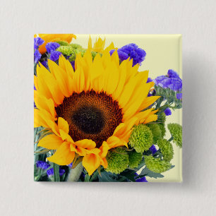 Badge Carré 5 Cm Tournesol et Statice Bleue
