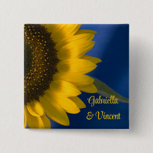 Badge Carré 5 Cm Tournesol jaune sur Mariage bleu