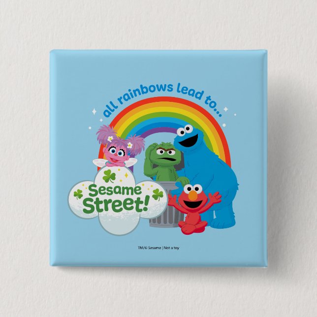 Badge Carré 5 Cm Tous les Rainbows mènent à Sesame Street (Devant)