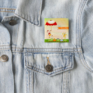 Badge Carré 5 Cm Train baby shower avec Animaux et Parapluie
