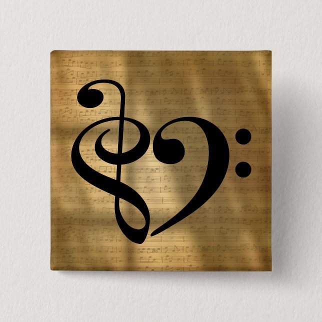 Badge Carré 5 Cm Treble Clef Bass Clef Hearf Golden Sheet Music (Devant)