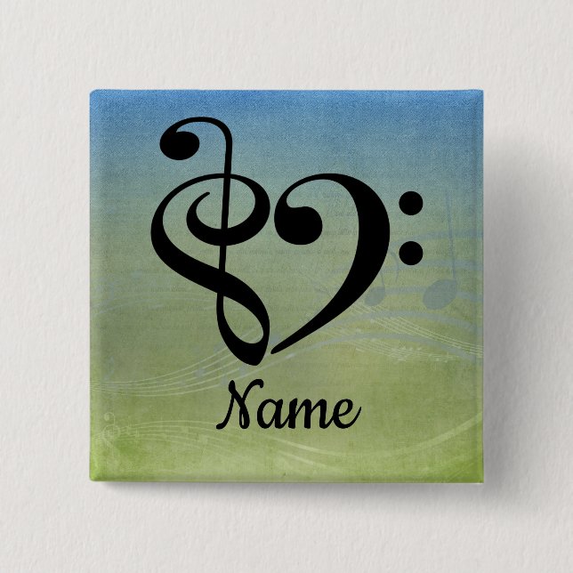 Badge Carré 5 Cm Treble Clef Bass Clef Music Coeur Customisé (Devant)