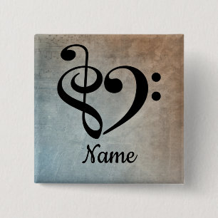 Badge Carré 5 Cm Treble Clef Bass Clef Music Coeur Customisé
