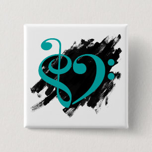 Badge Carré 5 Cm Treble et Bass Clef Musical Coeur Turquoise