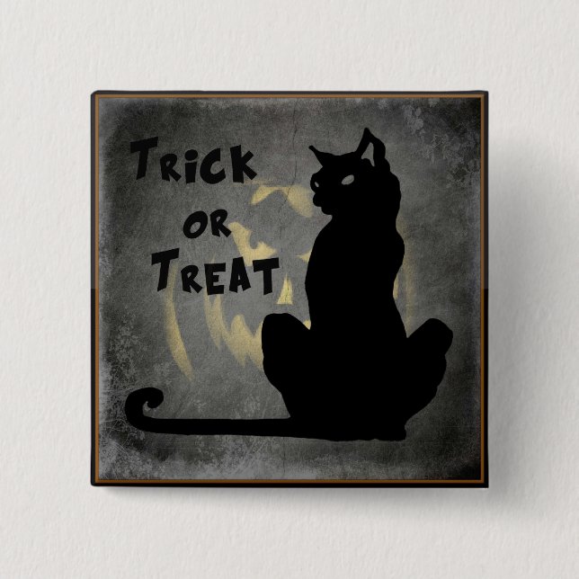 Badge Carré 5 Cm Trick ou Treat Black Cat - Jack o'Lantern Button (Devant)