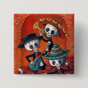 Badge Carré 5 Cm Trio de mariachi de Dia de Los Muertos Skeleton