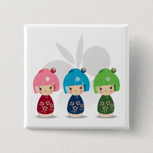 Badge Carré 5 Cm Triplets wButterfly BKGD de Kokeshi
