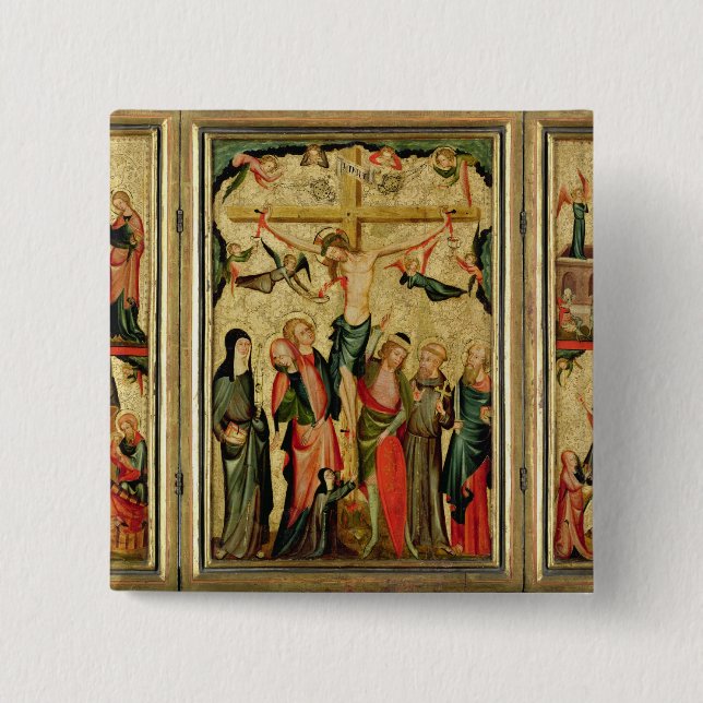 Badge Carré 5 Cm Triptyque dépeignant la crucifixion du Christ (Devant)