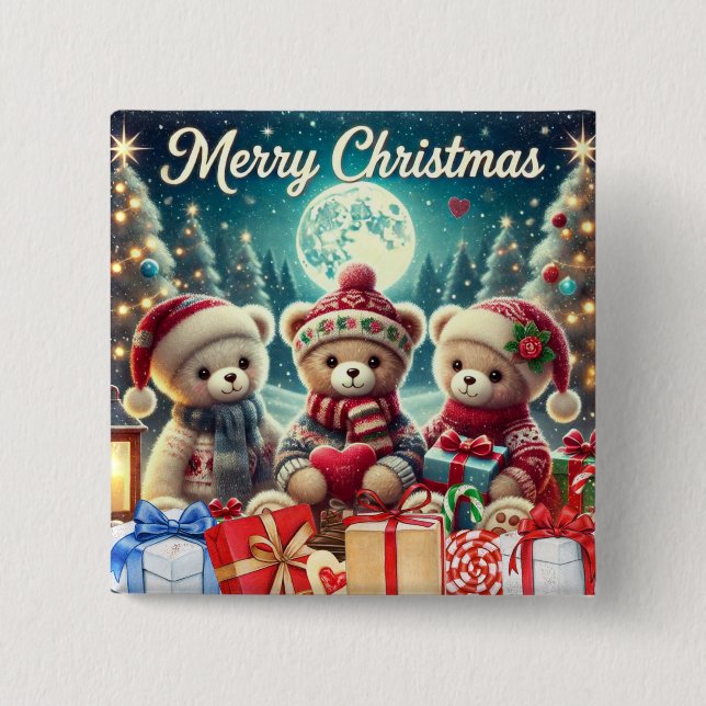 Badge Carré 5 Cm Trois mignons Nounours Joyeux Noël (Devant)