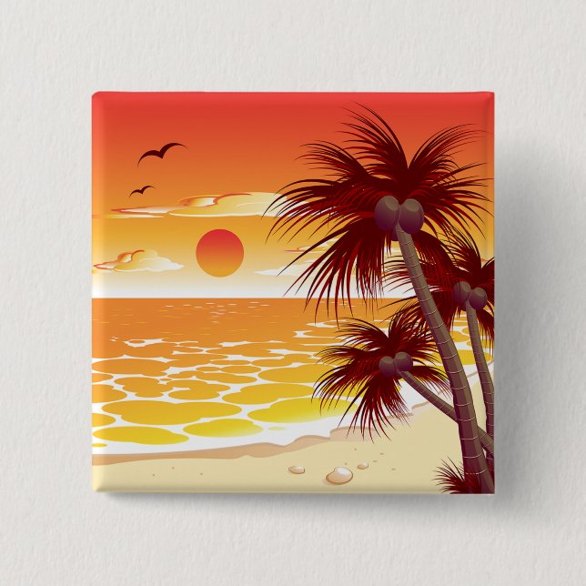 Badge Carré 5 Cm Tropical Sunset Beach Palm Tree Island (Devant)