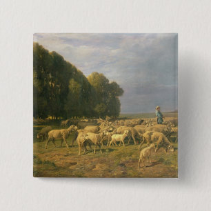 Badge Carré 5 Cm Troupeau des moutons dans un paysage