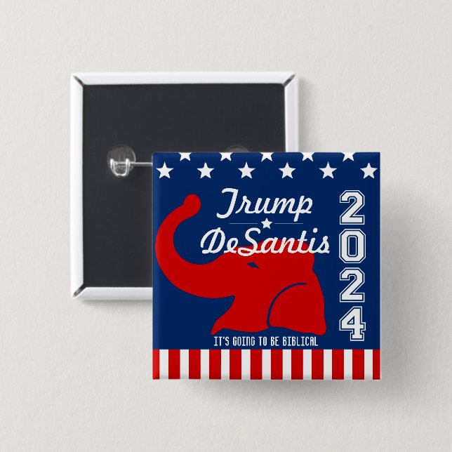 BADGE CARRÉ 5 CM TRUMP DESANTIS 2024 BIBLICAL (Devant & derrière)