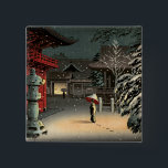 Badge Carré 5 Cm Tsuchiya Koitsu - Neige au temple de Nezu<br><div class="desc">Neige au Sanctuaire Nezu / Femme en Neige - Tsuchiya Koitsu,  impression couleur Woodblock,  1934</div>