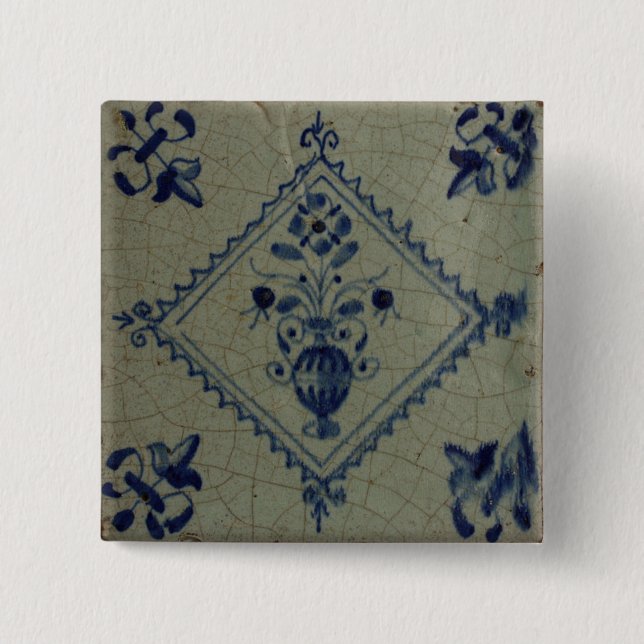 Badge Carré 5 Cm Tuile bleue de Delft - vase avec les fleurs et le (Devant)