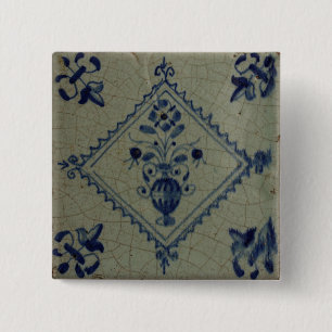 Badge Carré 5 Cm Tuile bleue de Delft - vase avec les fleurs et le