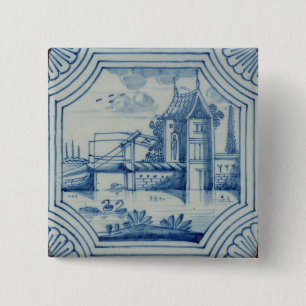 Badge Carré 5 Cm Tuile de Delft montrant un pont-levis au-dessus