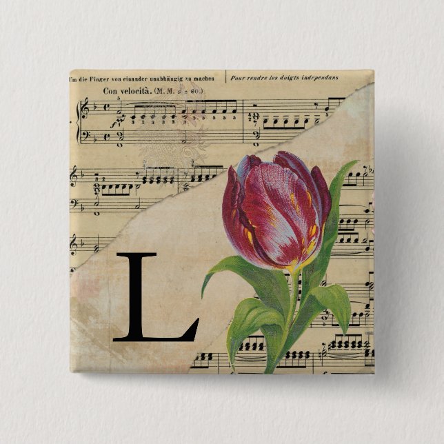 Badge Carré 5 Cm Tulipe violette Feuille de musique Monogramme init (Devant)